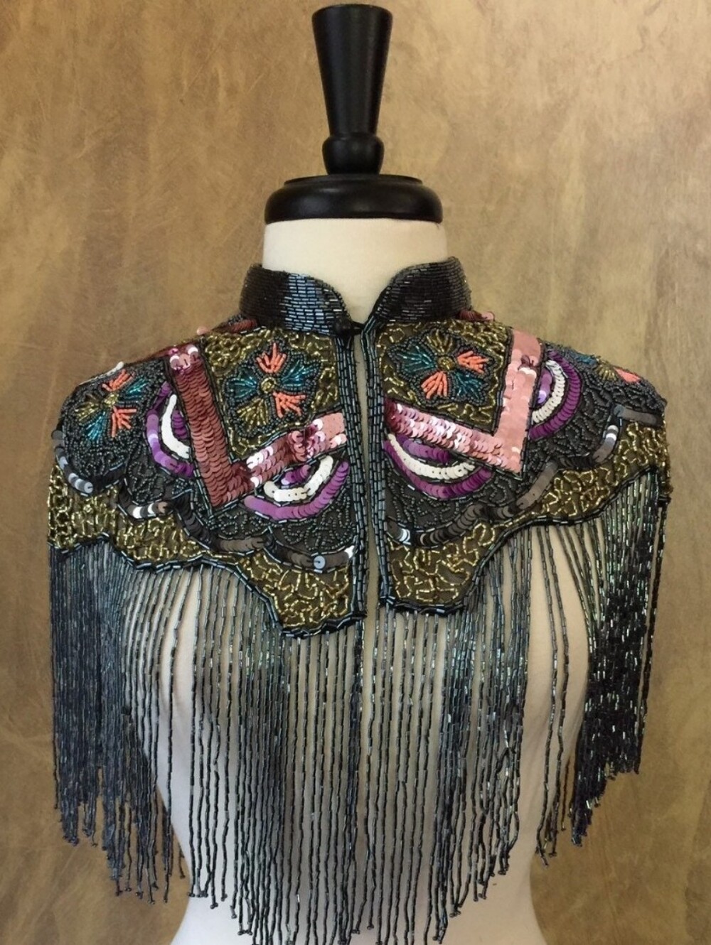Beaded Fringe Embellished Capelet Sweater Collar - Black & Pink